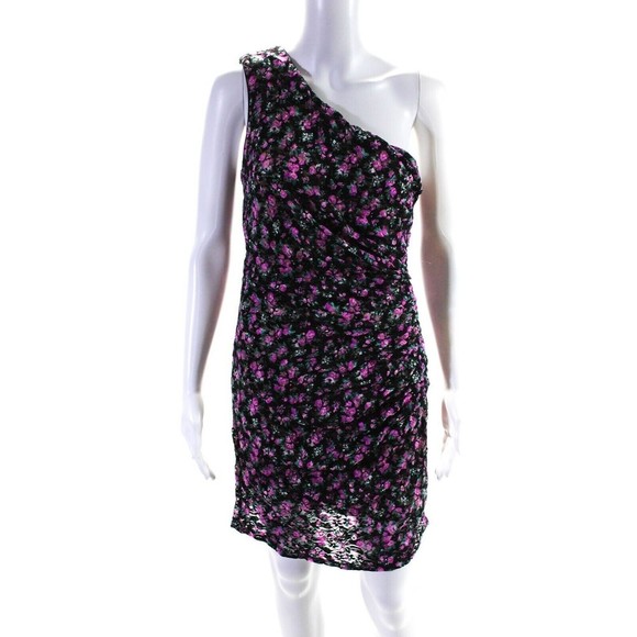 Dress The Population Martie Black Multi Floral Print One Shoulder Mini Dress L - Picture 4 of 7